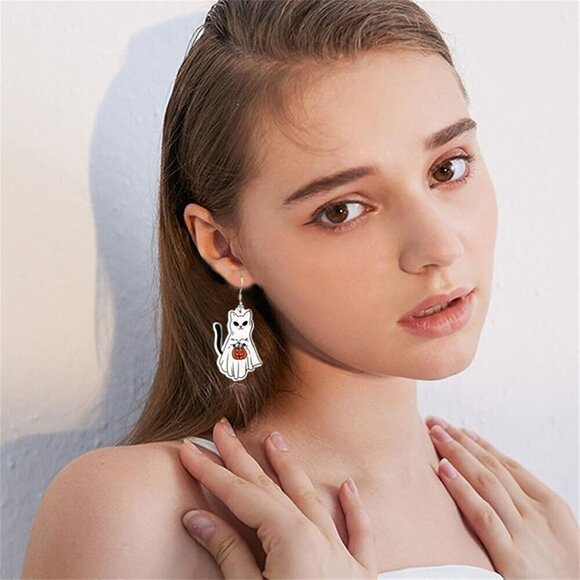 Women White Halloween Cute Ghost Pumpkin Cartoon Cat Spider Acrylic Fun Earrings - Picture 3 of 5